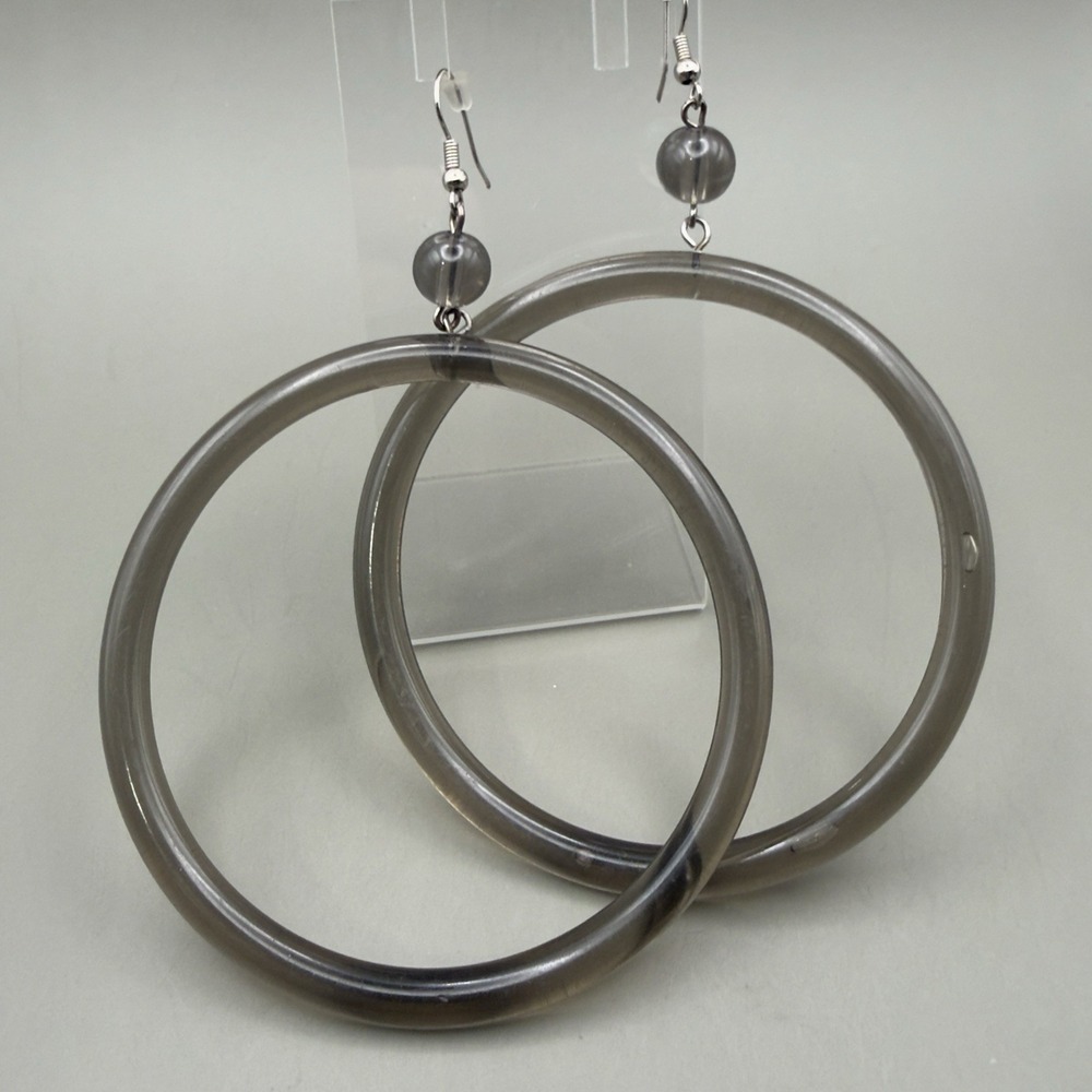 Vintage Acrylic Hoop Dangle Earrings Large 3" Smoky Gray Resin Boho Statement
